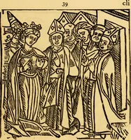 An illustration from The legendary history of the cross : a series of sixty-four woodcuts from a Dutch book published by Veldener, A.D. 1483 ; with an introduction written and illustrated by John Ashton ; preface by S. Baring Gould (1887)