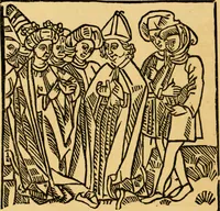 An illustration from The legendary history of the cross : a series of sixty-four woodcuts from a Dutch book published by Veldener, A.D. 1483 ; with an introduction written and illustrated by John Ashton ; preface by S. Baring Gould (1887)