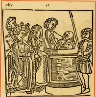 An illustration from The legendary history of the cross : a series of sixty-four woodcuts from a Dutch book published by Veldener, A.D. 1483 ; with an introduction written and illustrated by John Ashton ; preface by S. Baring Gould (1887)