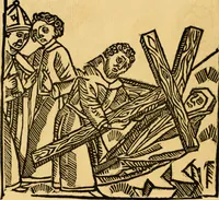An illustration from The legendary history of the cross : a series of sixty-four woodcuts from a Dutch book published by Veldener, A.D. 1483 ; with an introduction written and illustrated by John Ashton ; preface by S. Baring Gould (1887)