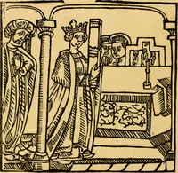An illustration from The legendary history of the cross : a series of sixty-four woodcuts from a Dutch book published by Veldener, A.D. 1483 ; with an introduction written and illustrated by John Ashton ; preface by S. Baring Gould (1887)