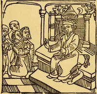An illustration from The legendary history of the cross : a series of sixty-four woodcuts from a Dutch book published by Veldener, A.D. 1483 ; with an introduction written and illustrated by John Ashton ; preface by S. Baring Gould (1887)