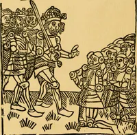 An illustration from The legendary history of the cross : a series of sixty-four woodcuts from a Dutch book published by Veldener, A.D. 1483 ; with an introduction written and illustrated by John Ashton ; preface by S. Baring Gould (1887)