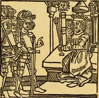 An illustration from The legendary history of the cross : a series of sixty-four woodcuts from a Dutch book published by Veldener, A.D. 1483 ; with an introduction written and illustrated by John Ashton ; preface by S. Baring Gould (1887)