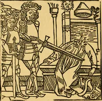 An illustration from The legendary history of the cross : a series of sixty-four woodcuts from a Dutch book published by Veldener, A.D. 1483 ; with an introduction written and illustrated by John Ashton ; preface by S. Baring Gould (1887)