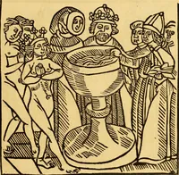 An illustration from The legendary history of the cross : a series of sixty-four woodcuts from a Dutch book published by Veldener, A.D. 1483 ; with an introduction written and illustrated by John Ashton ; preface by S. Baring Gould (1887)