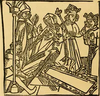 An illustration from The legendary history of the cross : a series of sixty-four woodcuts from a Dutch book published by Veldener, A.D. 1483 ; with an introduction written and illustrated by John Ashton ; preface by S. Baring Gould (1887)
