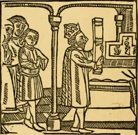 An illustration from The legendary history of the cross : a series of sixty-four woodcuts from a Dutch book published by Veldener, A.D. 1483 ; with an introduction written and illustrated by John Ashton ; preface by S. Baring Gould (1887)