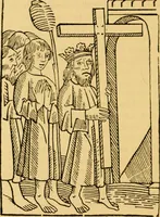 An illustration from The legendary history of the cross : a series of sixty-four woodcuts from a Dutch book published by Veldener, A.D. 1483 ; with an introduction written and illustrated by John Ashton ; preface by S. Baring Gould (1887)
