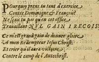 An illustration from Legende doree, ou, Sommaire de l'histoire des freres Mendians dans l'Ordre de Dominique, & de Francʹois : comprenant briefuement & veritablement l'origine, le progrez, la doctrine & les combats d'iceux : tant contre l'eglise gallicane principalement, que cotre les papes & entr'eux mesmes depuis quatre cens ans (1608)