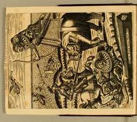 An illustration from The legend of Captain Jones: : the first and second part. Relating his adventure to sea: his first landing, and strange combat with a mighty bear. His furious battel with his six and thirty men against the army of eleven kings, with their overthrow and deaths. His relieving of Kemper castle. His strange and admirable sea-fight with six huge gallies of Spain, and nine thousand souldiers. His being taken prisoner, and hard usage. His being set at liberty by the kings command, and return for England. Also, his other incredible adventures and atchievements by sea and land; continued to his death (1671)