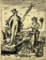 An illustration from Le imagini de gli dei de gli antichi del signor Vincenzo Cartari, reggiano : nelle quali sono descritte la religione de gli antichi, li idoli, riti & ceremonie loro ... et con l'espositione in epilogo di ciascheduna & suo significato : estrata dall' istesso Cartari per Cesare Malfatti .. (1625)