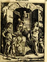 An illustration from Le imagini de gli dei de gli antichi del signor Vincenzo Cartari, reggiano : nelle quali sono descritte la religione de gli antichi, li idoli, riti & ceremonie loro ... et con l'espositione in epilogo di ciascheduna & suo significato : estrata dall' istesso Cartari per Cesare Malfatti .. (1625)