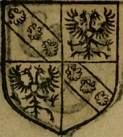 An illustration from Le jardin d'armoiries : contenant les armes de plusieurs nobles royaumes & maisons de Germanie Inferieure: oeuvre autant nouveau, que proufitable à tous amateurs du noble exercice d'armes. Den boomagert der wapenen, inhoudende wapenen van vele edele huysen van dese Nederlanden, en andere onliggende .. (1567)