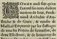 An illustration from Le manifeste de Ferdinand, Dvc de Baviere, Roy des Romains, envoyé a tovs les roys, princes & republiques Chrestiennes & Catholiques, pour la conseruation des droits des princes catholiques à l'Empire; contre les desseins des protestans. (1619)
