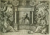 An illustration from Le mystere d'iniqvité, c'est à dire l'histoire de la papavté. Par qvels progrez elle est montée à ce comble, & quelles oppositions les gens de bien lui ont faict de temps en temps. Ou sont aussi defendus les droicts des empereurs, rois & princes chrestiens, contre les assertions des cardinaux Bellarmin & Baronius (1612)