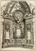 An illustration from Le pompe funebri celebrate da' Signori Accademici Infecondi di Roma per la morte dell'illustrissima Signora Elena Lucrezia Cornara Piscopia accademica, detta l'Inalterabile (1686)