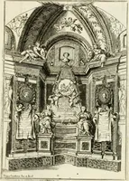 An illustration from Le pompe funebri celebrate da' Signori Accademici Infecondi di Roma per la morte dell'illustrissima Signora Elena Lucrezia Cornara Piscopia accademica, detta l'Inalterabile (1686)