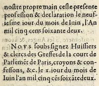 An illustration from Le proces verbal faict par ordonnance de la court de Parlemẽt, de l'execution de l'arrest donné le sixiesme iour de iuin dernier passé, touchant les articles & la profession de foy d'icelle court. (1562)
