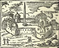 An illustration from Les merueilles de la ville de Rome : ou est traitè des eglises, stations & reliques des corps saints qui y sont : auec la guide qui enseigne aux estrangers à aysement trouuer les choses plus remarquables de Rome : ensemble les noms des papes, empereurs, & autres princes chrestiens (1690)