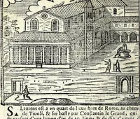 Picture 8 of 52 from Les merueilles de la ville de Rome : ou est traitè des eglises, stations & reliques des corps saints qui y sont : auec la guide qui enseigne aux estrangers à aysement trouuer les choses plus remarquables de Rome : ensemble les noms des papes, empereurs, & autres princes chrestiens (1690), leaf 32