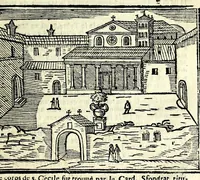 An illustration from Les merueilles de la ville de Rome : ou est traitè des eglises, stations & reliques des corps saints qui y sont : auec la guide qui enseigne aux estrangers à aysement trouuer les choses plus remarquables de Rome : ensemble les noms des papes, empereurs, & autres princes chrestiens (1690)