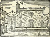 An illustration from Les merueilles de la ville de Rome : ou est traitè des eglises, stations & reliques des corps saints qui y sont : auec la guide qui enseigne aux estrangers à aysement trouuer les choses plus remarquables de Rome : ensemble les noms des papes, empereurs, & autres princes chrestiens (1690)