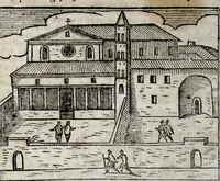 An illustration from Les merveilles de la ville de Rome : ou est traictè des eglises, stations, & reliques des corps saincts, qui y sont. Auec la guide, qui enseigne aux estrangers à aysèment trouuer les choses plus remarquables de Rome. Auec les noms des papes, & empereurs, & autres princes chrestiens. Nouellement corrige, & amplifiè: auec vne addition de tout ce qui s'est fait par le pape Clement huictiesme d'heureuse memoire. Et de la restauration des eglises et chapelles, faictes per N.S. pere le pape Paul cinquiesme. Auec les noms des peintres, & autres choses notables. Auec le sept meruilles du monde, & autres choses notables. Et nouellement orne de plusieurs tres belles figures (1646)