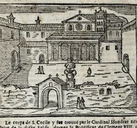 Picture 7 of 33 from Les merveilles de la ville de Rome : ou est traictè des eglises, stations, & reliques des corps saincts, qui y sont. Auec la guide, qui enseigne aux estrangers à aysèment trouuer les choses plus remarquables de Rome. Auec les noms des papes, & empereurs, & autres princes chrestiens. Nouellement corrige, & amplifiè: auec vne addition de tout ce qui s'est fait par le pape Clement huictiesme d'heureuse memoire. Et de la restauration des eglises et chapelles, faictes per N.S. pere le pape Paul cinquiesme. Auec les noms des peintres, & autres choses notables. Auec le sept meruilles du monde, & autres choses notables. Et nouellement orne de plusieurs tres belles figures (1646), leaf 42