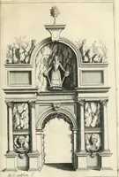 An illustration from Le soleil au signe du Lyon : d'ou quelques paralleles sont tirez avec le tres-chrestien, tres-iuste, & tres-victorieux monarque Louys XIII. roy de France & de Nauarre, en son entree triomphante dans sa ville de Lyon : ensemble un sommaire recit de tout ce qui s'est passé de remarquable en ladite entree de sa majesté, & de la plus illustre princesse de la terre, Anne d'Austriche, royne de France & de Nauarre, dans ladite ville de Lyon le 11. Decembre 1622 (1623)