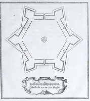 Picture 14 of 45 from Les practiques du sieur Fabre, sur lordre et reigle de fortifier, garder, attaquer, et defendre les places : auec vn facile moyen pour leuer touttes sortes de plans, tant des places et des bastimens, que de la campaigne pour les cartes (1629), leaf 57