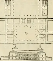 An illustration from Les quatre liures de l'architecture d'André Palladio : mis en françois : dans lesquels, après vn petit traitté des cinq ordres, auec quelques-vnes des plus necessaires obseruations pour bien bastir, il parle de la construction des maisons particulieres, des grands chemins, des ponts, des places publiques, des xystes, des basiliques, & des temples (1650)