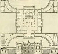 An illustration from Les quatre liures de l'architecture d'André Palladio : mis en françois : dans lesquels, après vn petit traitté des cinq ordres, auec quelques-vnes des plus necessaires obseruations pour bien bastir, il parle de la construction des maisons particulieres, des grands chemins, des ponts, des places publiques, des xystes, des basiliques, & des temples (1650)