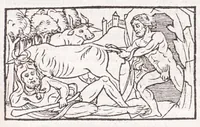 An illustration from Les XV. liures de la Metamorphose d'Ouide (poëte treselegãt) : contenans L'olympe des histoires poëtiques, traduictz de Latin en Francoys : le tout figuré de nouuelles figures & hystoires .. (1539)