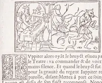 An illustration from Les XV. liures de la Metamorphose d'Ouide (poëte treselegãt) : contenans L'olympe des histoires poëtiques, traduictz de Latin en Francoys : le tout figuré de nouuelles figures & hystoires .. (1539)