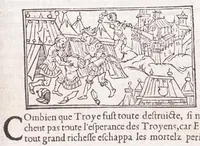 An illustration from Les XV. liures de la Metamorphose d'Ouide (poëte treselegãt) : contenans L'olympe des histoires poëtiques, traduictz de Latin en Francoys : le tout figuré de nouuelles figures & hystoires .. (1539)
