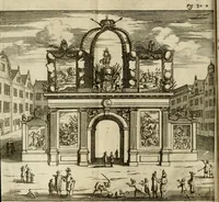 An illustration from Le triomphe royal : où l'on voit dêscrits les arcs de triomphe, piramydes, tablaux, & devises au nombre de 65, erigez à la Haye, à l'honneur de Guillaume III, roy d'Angleterre, Ecosse, France, & Irlande (1691)