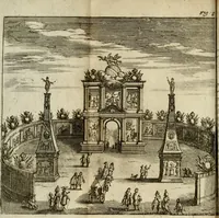 An illustration from Le triomphe royal : où l'on voit dêscrits les arcs de triomphe, piramydes, tablaux, & devises au nombre de 65, erigez à la Haye, à l'honneur de Guillaume III, roy d'Angleterre, Ecosse, France, & Irlande (1691)
