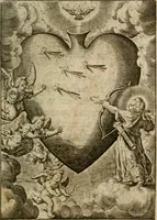 An illustration from Levendige herts-theologie, dat zijn aendachtige betrachtingen, hoe Jesus in der geloovigen herten wil woonen, werken en leven, en haar wil zijn alles in allen : met schoone, en nette print-verbeeldinge, ter sake dienende, verciert: nevens versen, suchtingen, en alleen-spraken (1686)