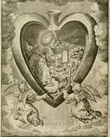 An illustration from Levendige herts-theologie, dat zijn aendachtige betrachtingen, hoe Jesus in der geloovigen herten wil woonen, werken en leven, en haar wil zijn alles in allen : met schoone, en nette print-verbeeldinge, ter sake dienende, verciert: nevens versen, suchtingen, en alleen-spraken (1686)