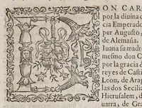 An illustration from Leyes y ordenanzas nuevamente hechas por Su Magestad, para la gouernacion de las Indias, y buen tratamiento, y conseruacion de los Indios: : que se han guardar en el consejo y audiencias reales que en ellas residen: y por todos los otros gouernadores, juezes y personas particulares dellas. (1585)