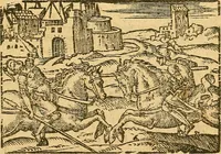 An illustration from L'Hystoire des devx nobles et tres vaillans chevaliers nommez Milles et Amys, : Lesquels en leur viuant furent plains de grandes proësses. Contenant plusieurs et diuerses matieres, comme vous pourrez veoir cy apres (1611)