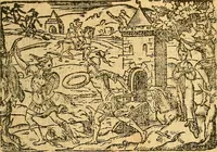 An illustration from L'Hystoire des devx nobles et tres vaillans chevaliers nommez Milles et Amys, : Lesquels en leur viuant furent plains de grandes proësses. Contenant plusieurs et diuerses matieres, comme vous pourrez veoir cy apres (1611)