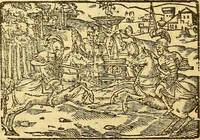An illustration from L'Hystoire des devx prevx tres nobles et tres-vaillans chevaliers Valentin et Orson : fils de l'Empereur de Grece, & nepueux du tres-vaillant & tres-Chrestien Roy de France, Pepin. Contenant plusieurs & diuerses matieres, comme vous pourrez veoir cy apres (1614)