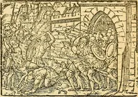An illustration from L'Hystoire des devx prevx tres nobles et tres-vaillans chevaliers Valentin et Orson : fils de l'Empereur de Grece, & nepueux du tres-vaillant & tres-Chrestien Roy de France, Pepin. Contenant plusieurs & diuerses matieres, comme vous pourrez veoir cy apres (1614)