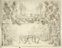 An illustration from L'idea di tutte le perfezioni : introduzione al balletto de' serenissimi principi Francesco & Antonio Farnesi : fatto rappresentare dal sereniss. sig. duca di Parma nel suo nuouo Teatrino, in occasione de' felicissimi sponsali del serenissimo sig. principe Odoardo, suo primogenito, con la serenissima signora principessa Dorotea Sofia di Neoburgo (1690)