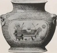 An illustration from Illustrated catalogue of the important collection of antique Chinese porcelains, Sung and Ming potteries, ancient stone sculptures, carved jades and other hard stones, snuff bottles, Mandarin necklaces, bronzes, enamels, palace furniture and wall panels and a number of rare and fine ancient Chinese paintings of the Sung and Ming periods [electronic resource] : all of which are to be sold at unrestricted public sale by direction of the Chinese expert, Lee Van Ching of Shanghai on the afternoons herein stated (1917)