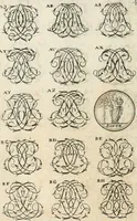 An illustration from Livre curieux et utile pour les sçavans et artistes : composé de trois alphabets de chiffres simples, doubles & triples, fleuronnez et au premier trait : accompagné d'un tres grand nombre de devises, emblêmes, médailles et autres figures hieroglyfiques : ensemble de plusieurs supports et cimiers pour les ornemens des armes : avec une table tres ample par le moyen de laquelle on trouvera facilement tous les noms imaginables (1685)