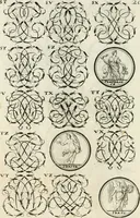An illustration from Livre curieux et utile pour les sçavans et artistes : composé de trois alphabets de chiffres simples, doubles & triples, fleuronnez et au premier trait : accompagné d'un tres grand nombre de devises, emblêmes, médailles et autres figures hieroglyfiques : ensemble de plusieurs supports et cimiers pour les ornemens des armes : avec une table tres ample par le moyen de laquelle on trouvera facilement tous les noms imaginables (1685)