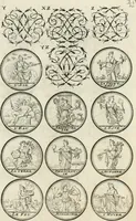 An illustration from Livre curieux et utile pour les sçavans et artistes : composé de trois alphabets de chiffres simples, doubles & triples, fleuronnez et au premier trait : accompagné d'un tres grand nombre de devises, emblêmes, médailles et autres figures hieroglyfiques : ensemble de plusieurs supports et cimiers pour les ornemens des armes : avec une table tres ample par le moyen de laquelle on trouvera facilement tous les noms imaginables (1685)